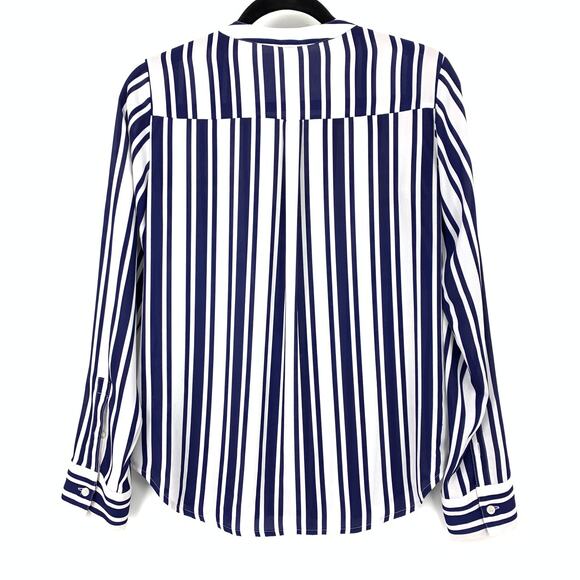 Express Popiver Blouse Womens XS Blue White Striped Print Long Sleeve Zip Front - Picture 2 of 6